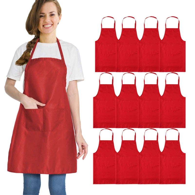 multifuns 12 Pack Red Aprons for Women Men with 2 Pockets-Artist Baking Cooking Kitchen Aprons Bulk(24x28 inch, Red) - Image 1